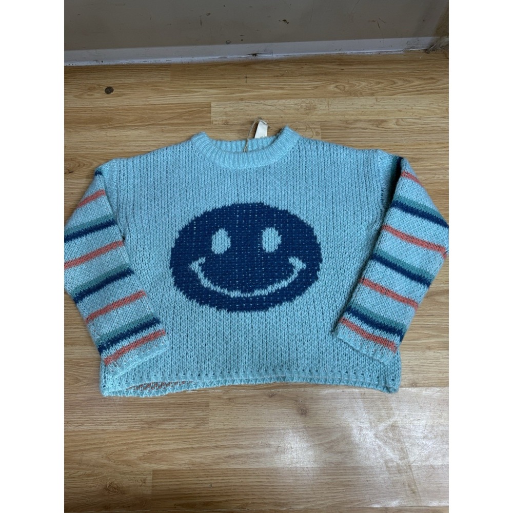 Easel Smiley Face Knit Sweater Blue Relaxed Fit Graphic Pullover Women Large NWT
